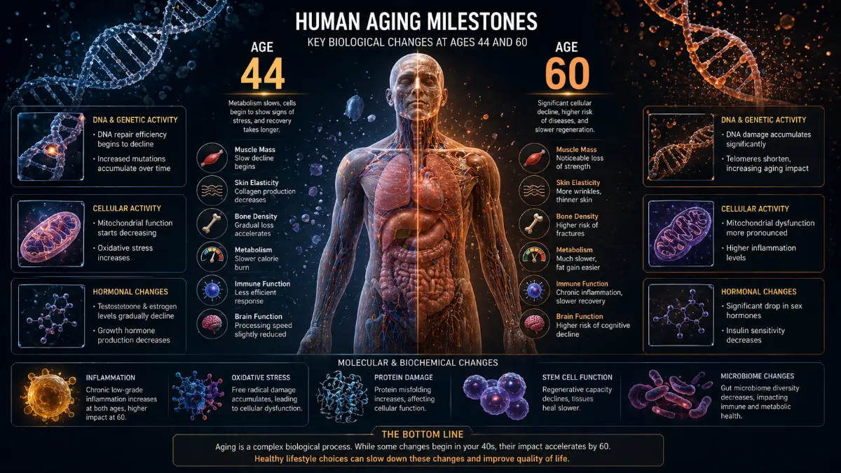 biological aging peaks at age 44 and 60 based on scientific research