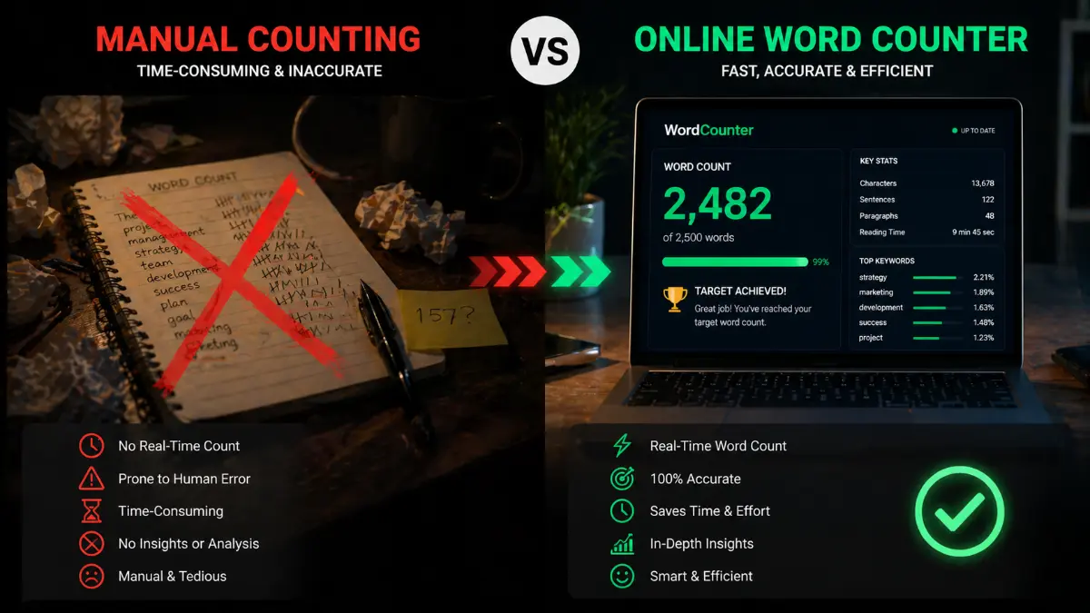 Comparison between manual word counting and online word counter tool efficiency