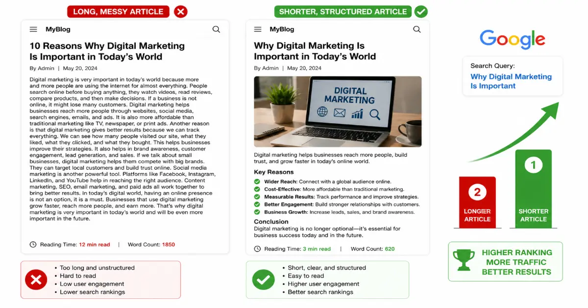 Short high-quality content outperforming long low-quality content in SEO