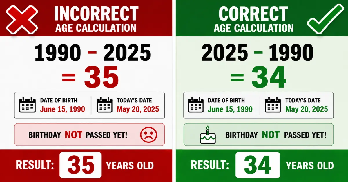 Comparison of incorrect and correct age calculation showing birthday impact