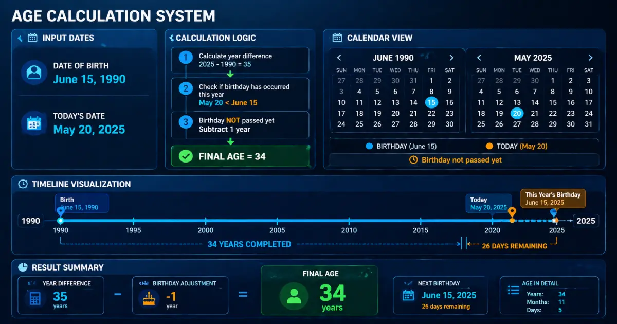 Digital visualization of chronological age calculation using date comparison logic
