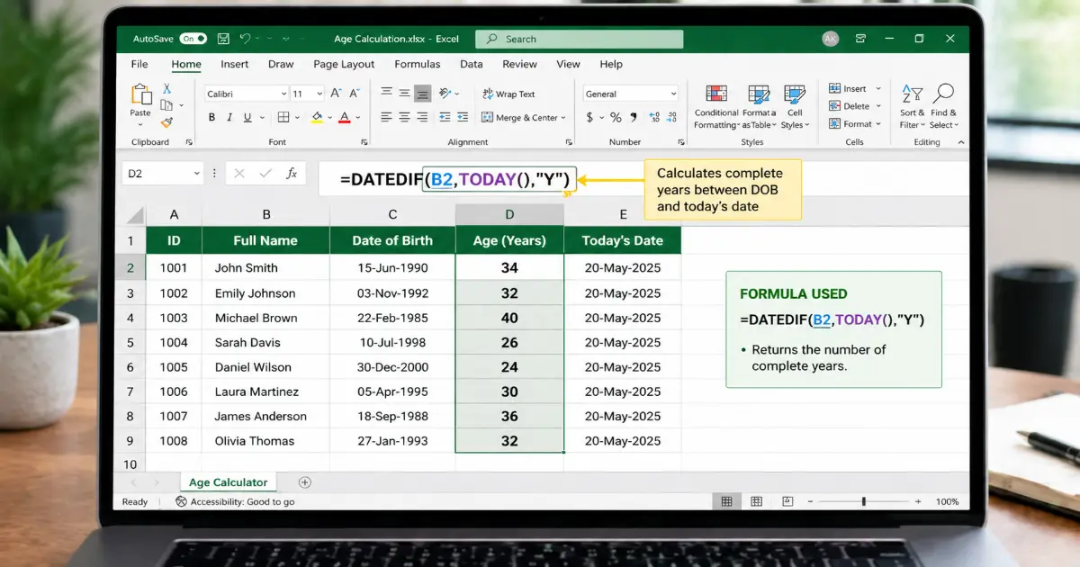 Excel spreadsheet using DATEDIF formula to calculate age automatically
