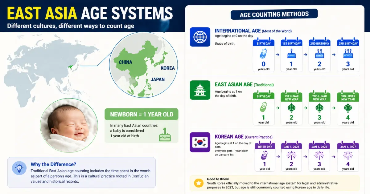 Map showing different age counting systems including East Asian traditional method