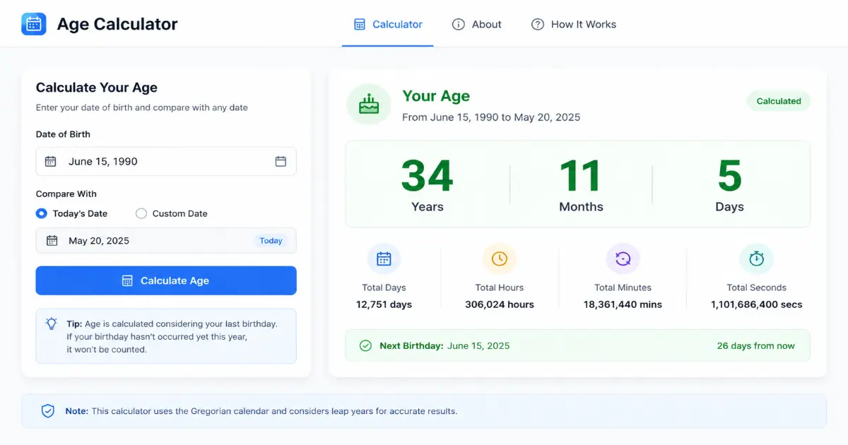 Online age calculator tool displaying age in years months and days
