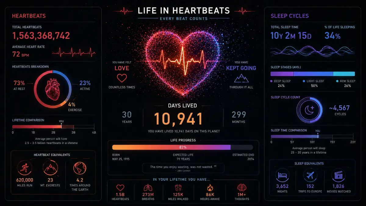 age visualization showing days lived heartbeats and time metrics