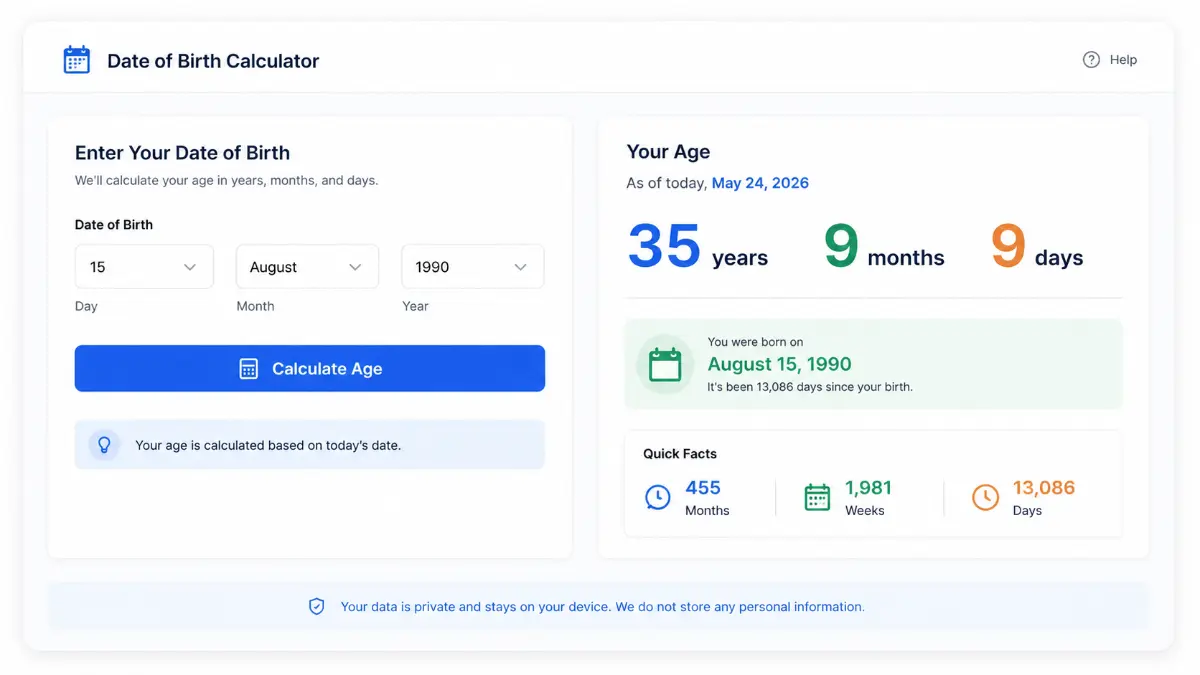 online date of birth calculator tool interface for instant age calculation