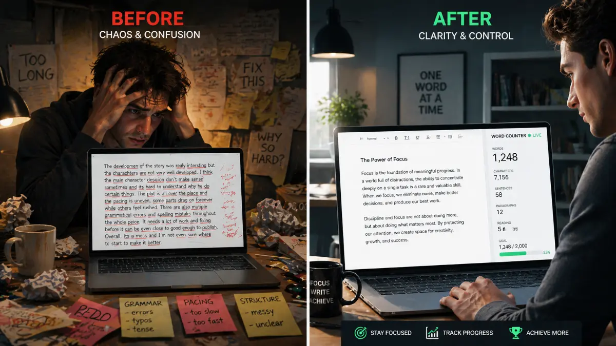 Before and after using an online word counter showing messy vs optimized writing workflow