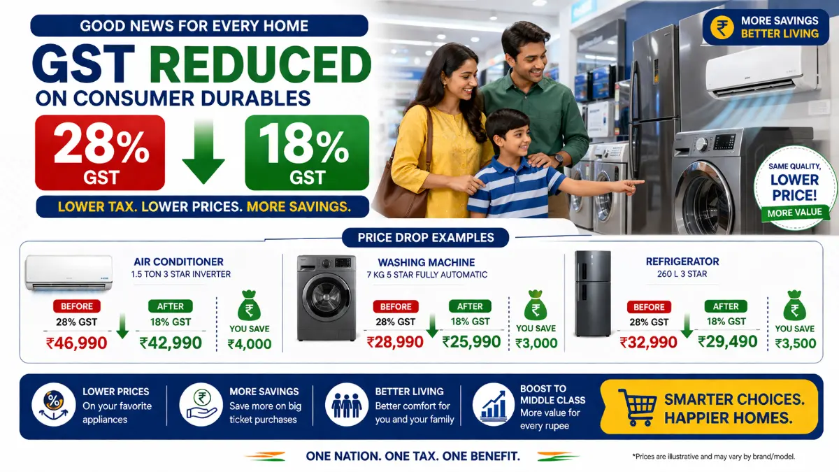 consumer durables GST reduced from 28 percent to 18 percent showing price impact in India