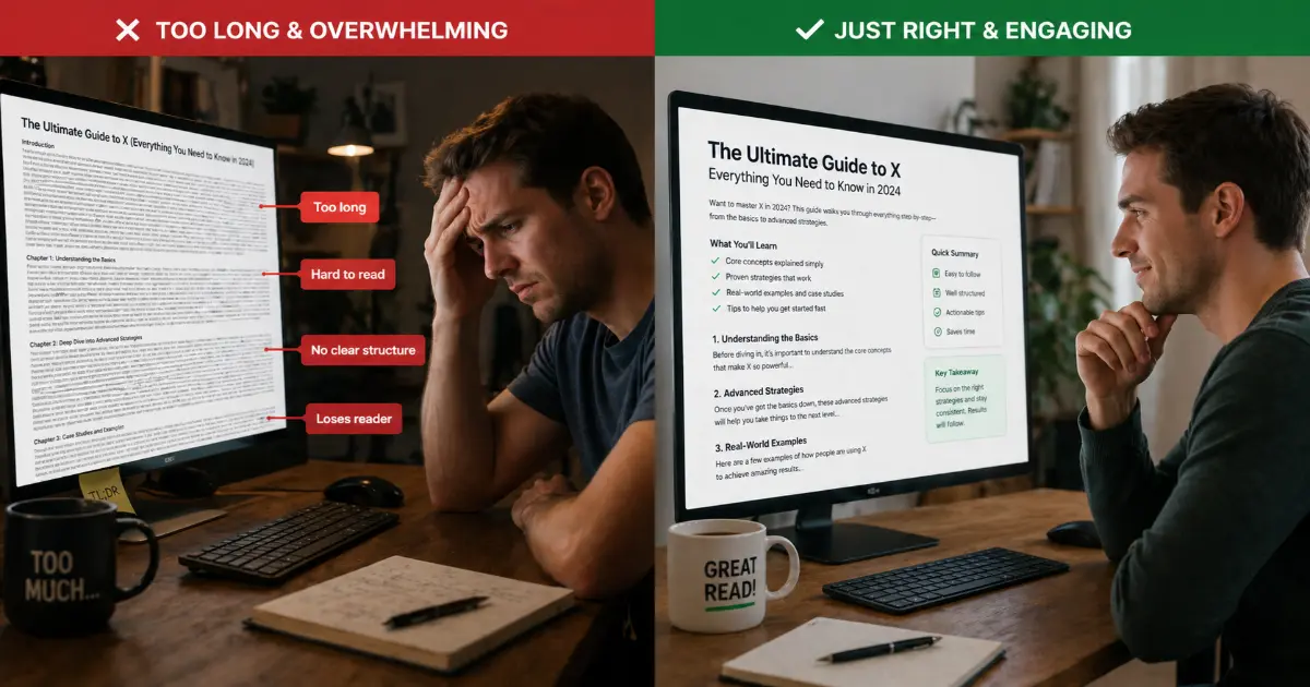 Comparison of reader engagement between optimized content length and poorly structured long content