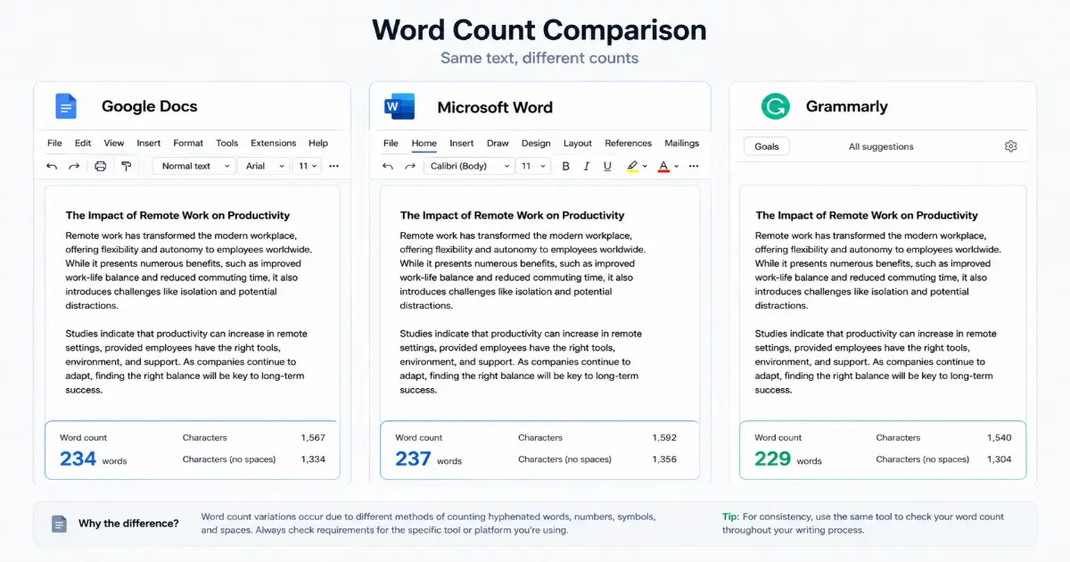 Comparison of word count differences between Google Docs, Microsoft Word, and Grammarly