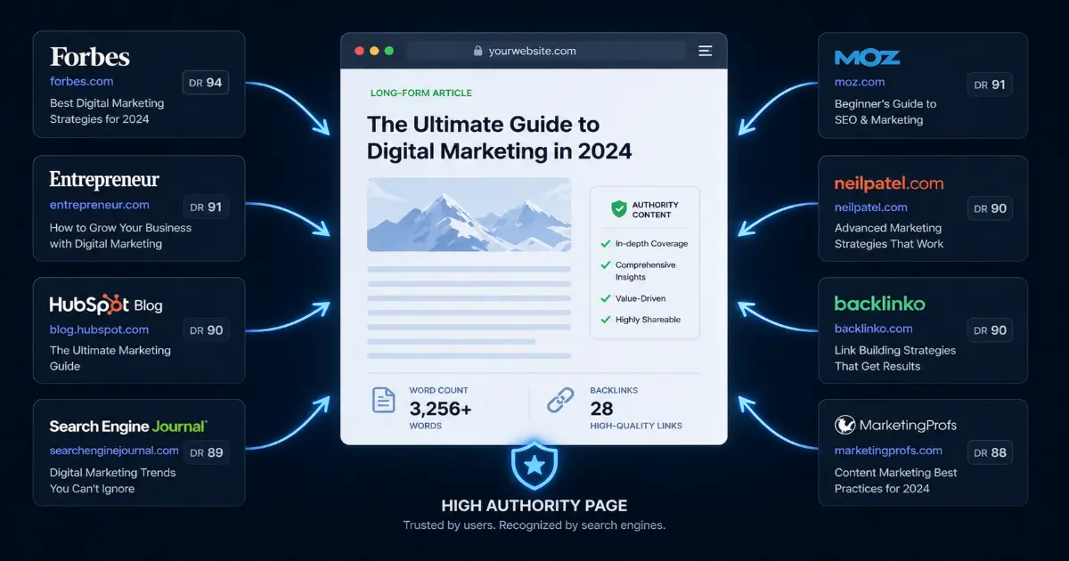 Long form content attracting backlinks and improving domain authority