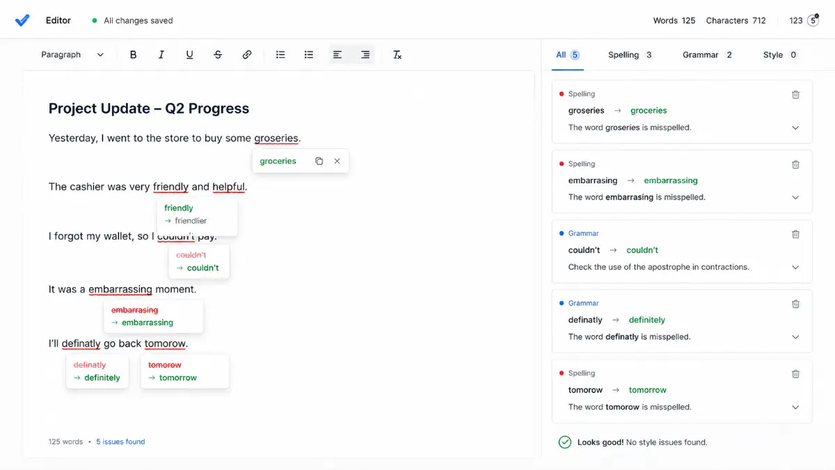 Browser based grammar editor providing instant corrections without installation