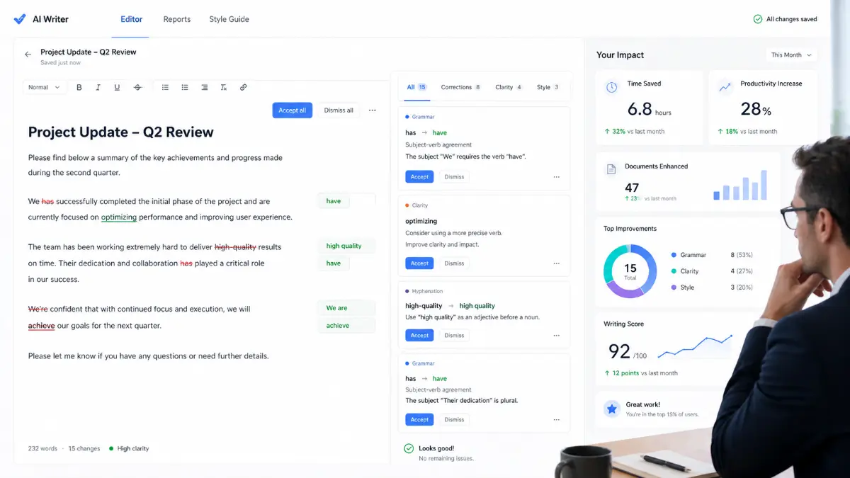 AI grammar checker improving business productivity and document quality