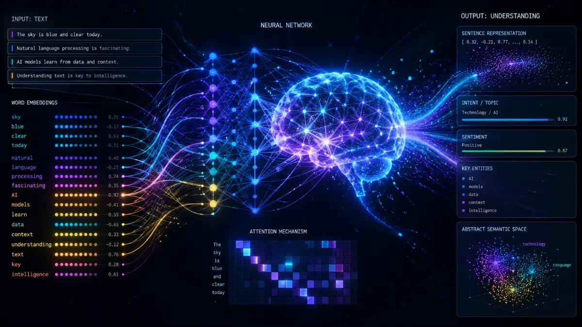 Natural language processing AI analyzing sentence structure and meaning