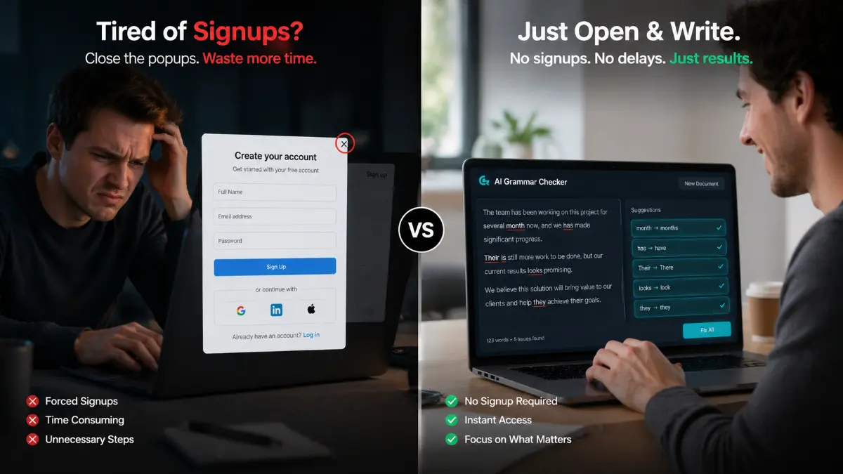 User using grammar checker without signup for instant writing correction