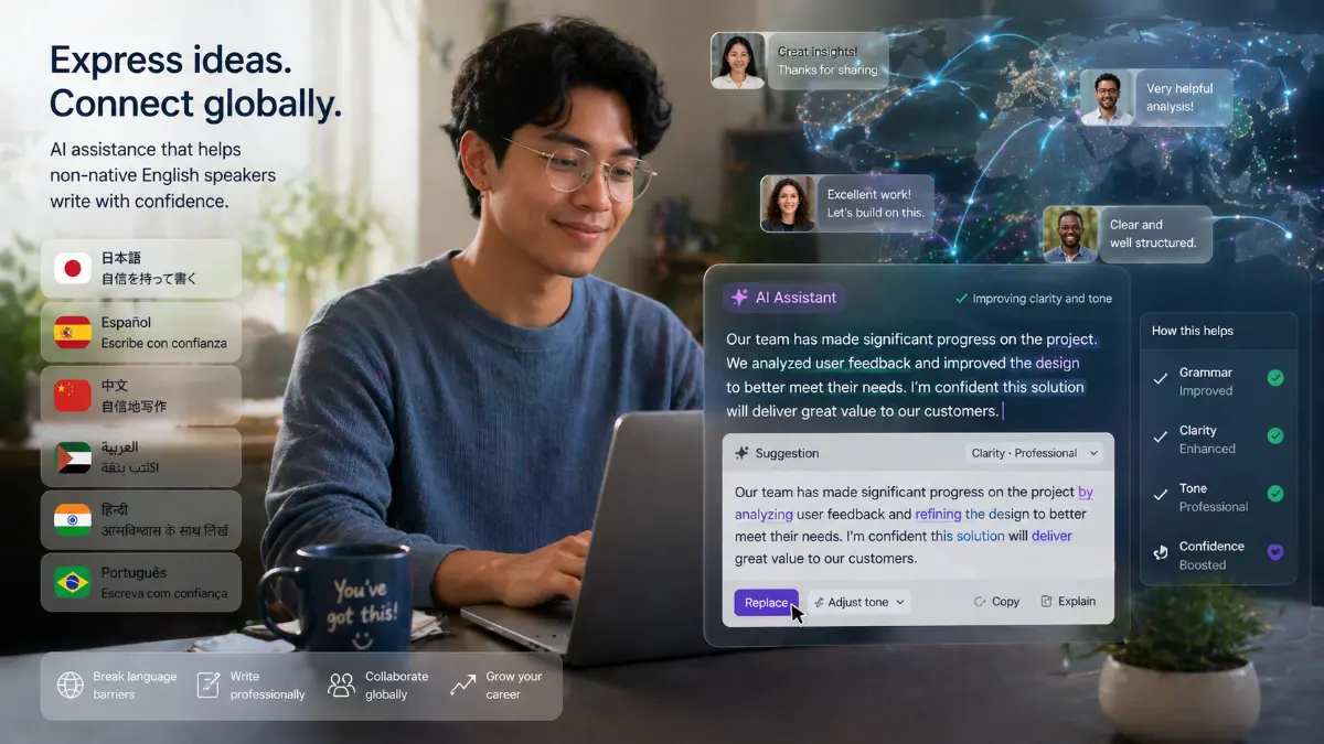 AI grammar checker helping non native English speakers write confidently