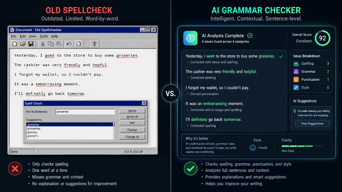 Comparison of traditional spellcheck vs AI grammar checker evolution