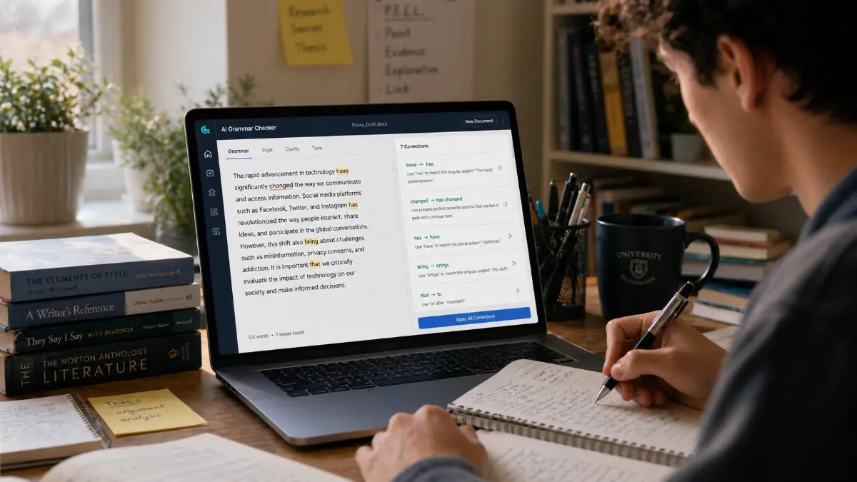 Student using grammar checker to improve academic writing and essays