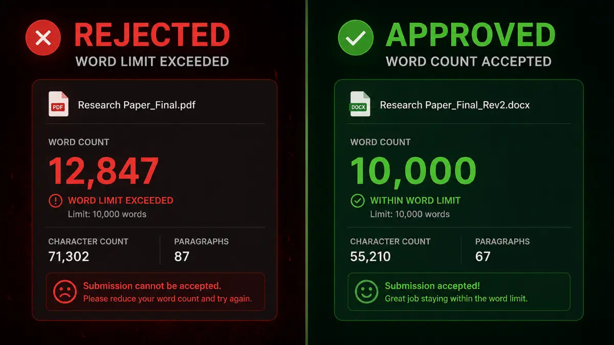 comparison of incorrect vs accurate word count showing document rejection and approval