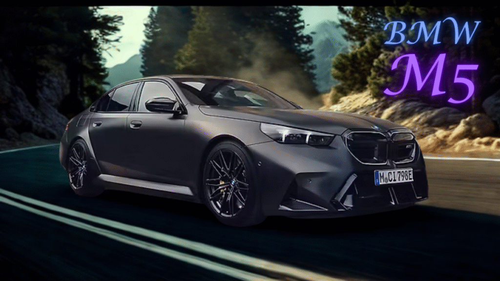 BMW M5 sports sedan in motion, highlighting aerodynamic design and black wheels.