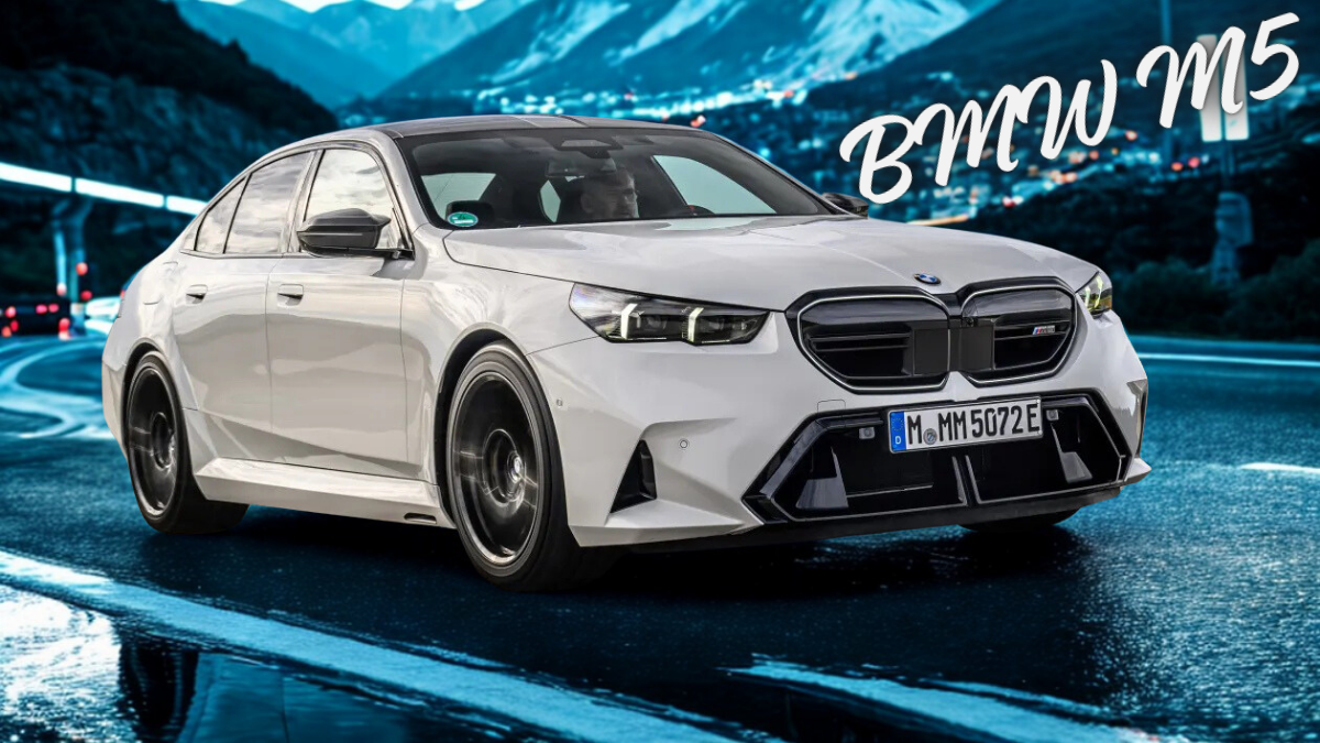 Front three-quarter view of the 2025 BMW M5 sedan with futuristic grille and LED headlights.