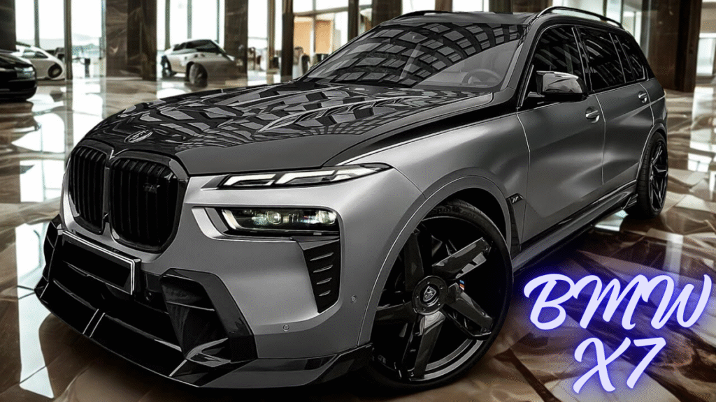 Blacked-out BMW X7 with custom body kit and gloss black wheels parked outside modern office building, showcasing aggressive luxury styling.