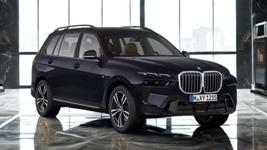 Elegant BMW X7 SUV in silver color captured in natural light, emphasizing luxury, sophistication, and premium road presence.