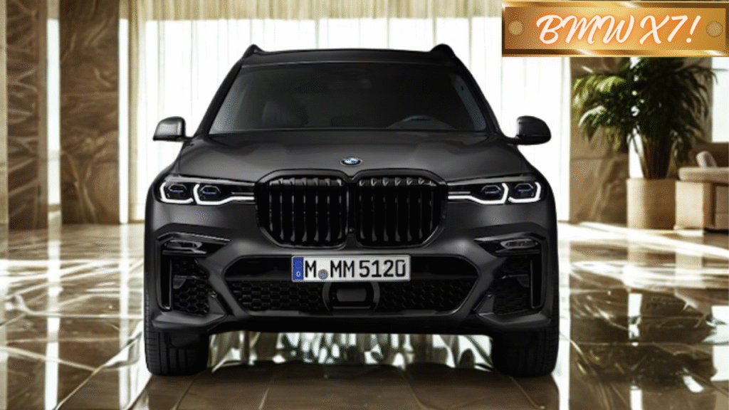 Close-up of BMW X7 with polished black bodywork, set against a minimalist modern background to showcase design excellence.