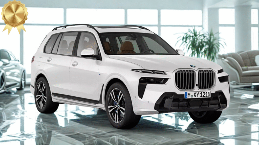 BMW X7 in white finish parked in front of sleek wall design, presenting a blend of modern luxury and bold SUV presence.