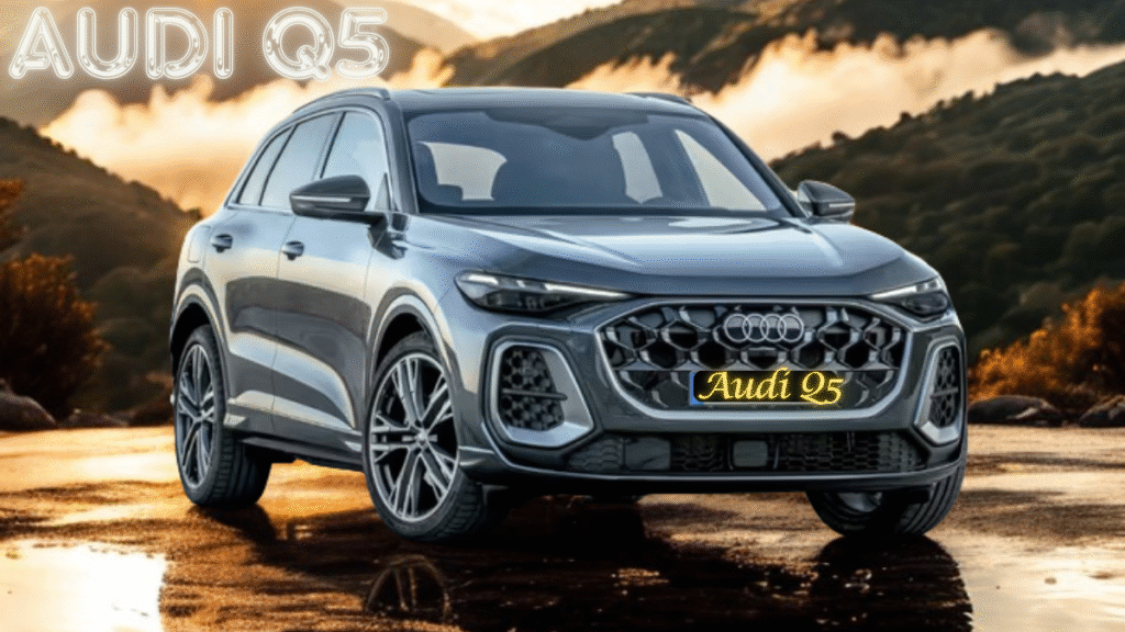 2026 Audi Q5 parked in a futuristic city street at dusk showcasing premium design, latest model features, and highlighting Audi Q5 top model price in India