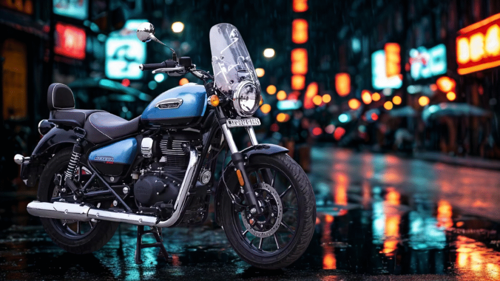 Side view of Royal Enfield Meteor 350 Fireball Red edition on a plain white background — classic cruiser design with a retro-modern appeal.