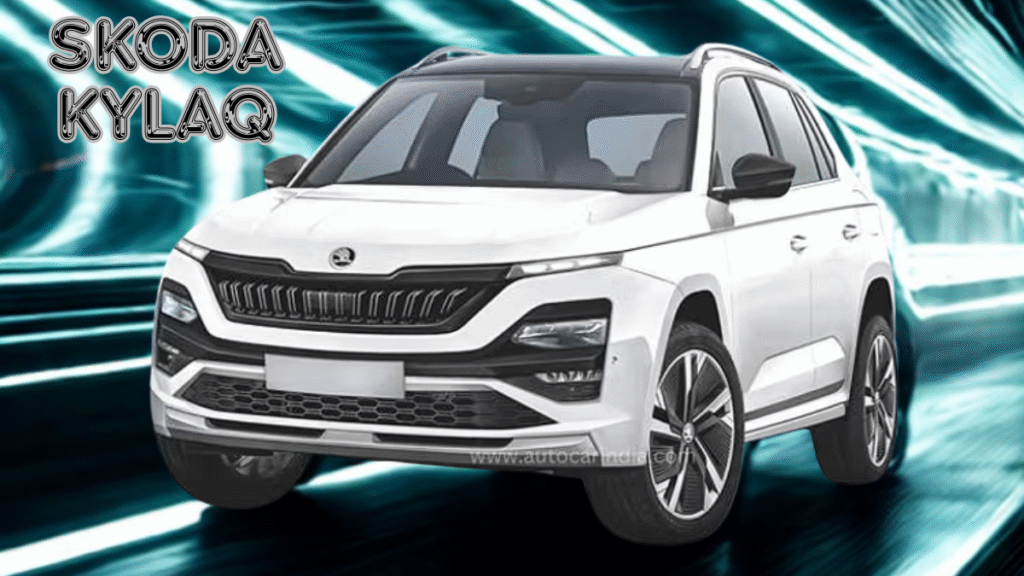 Skoda Kylaq driving through an LED-lit tunnel with motion blur and neon lighting effects