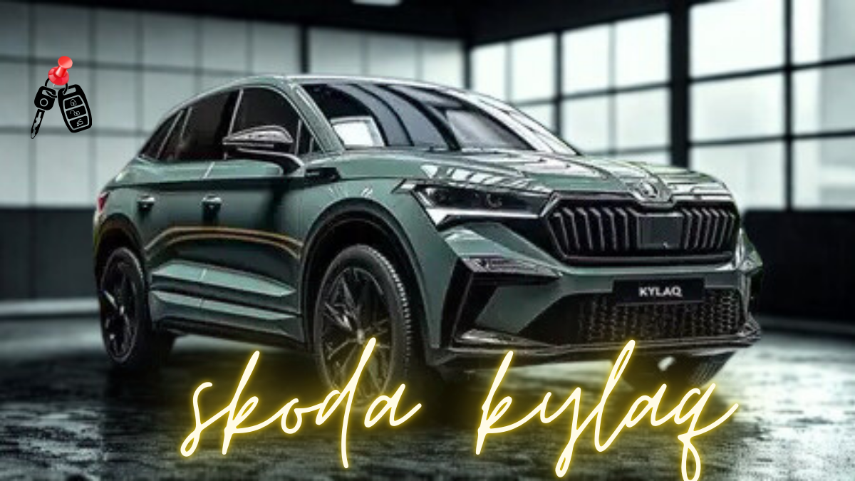 Skoda Kylaq showcased in a dark studio with spotlight highlighting the car's sleek design