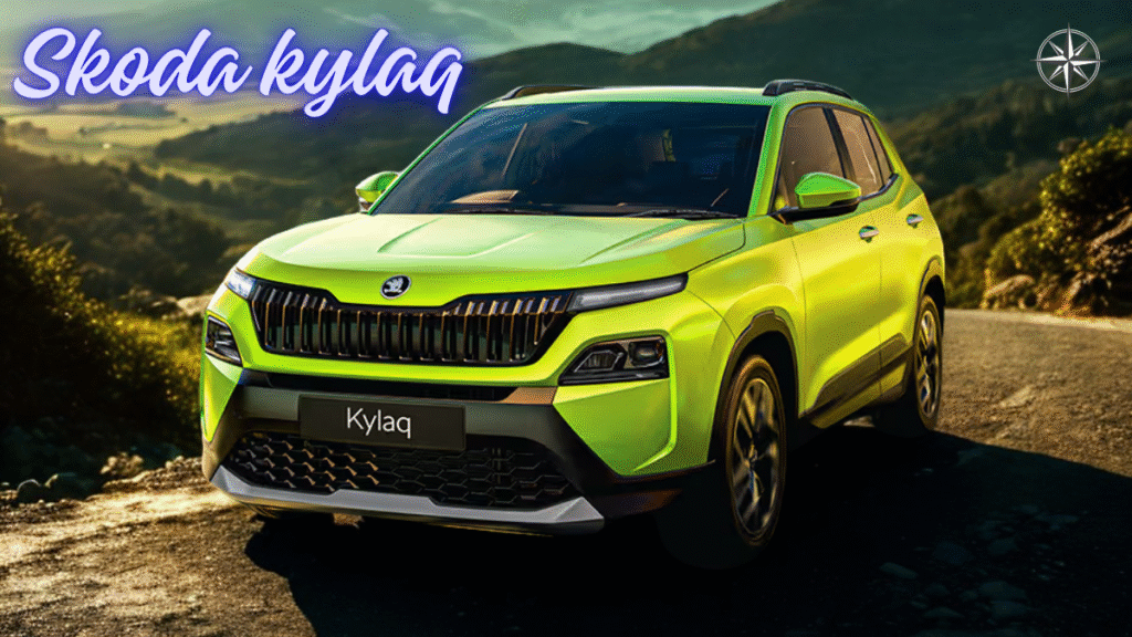 Skoda Kylaq driving along a winding mountain road at sunset with scenic valley in the background