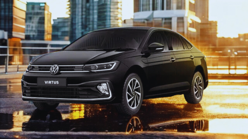Black Volkswagen Virtus sedan on a misty mountain road, highlighting sleek design, LED headlamps, and premium styling for adventurous drives