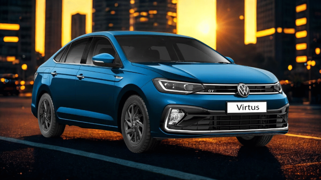 Blue Volkswagen Virtus GT sedan parked in city skyline at sunset with sporty design, alloy wheels, and premium exterior finish