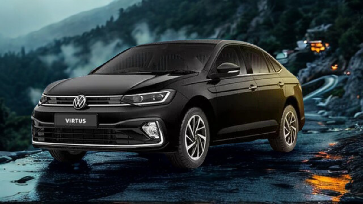Black Volkswagen Virtus sedan parked in a modern cityscape at sunset with stylish design and alloy wheels