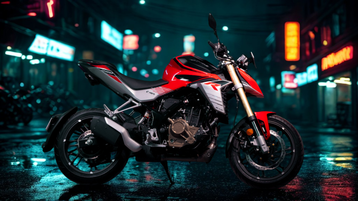Red Hero Xtreme 250R streetfighter motorcycle parked in a moody underground garage, showcasing naked bike design and muscular frame.