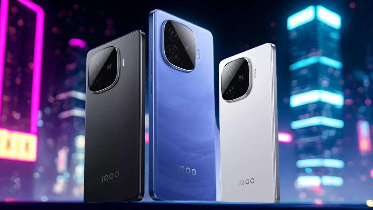 iQOO Neo 10R in black color with sleek matte finish and dual rear camera module in futuristic lighting setup