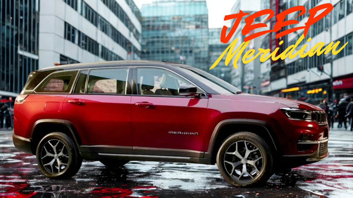 Jeep Meridian SUV in a bright modern city setting with clean architecture and soft sunlight reflecting off its red body – showcasing premium urban design.