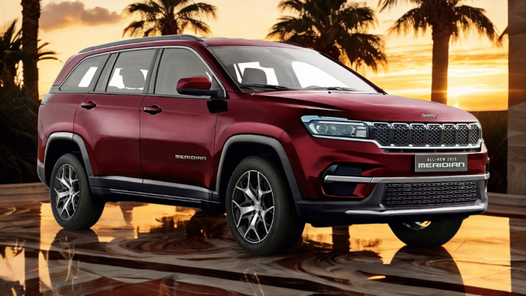 Red Jeep Meridian SUV parked in front of a luxury villa with marble driveway and modern architecture – blending premium SUV design with high-end lifestyle.