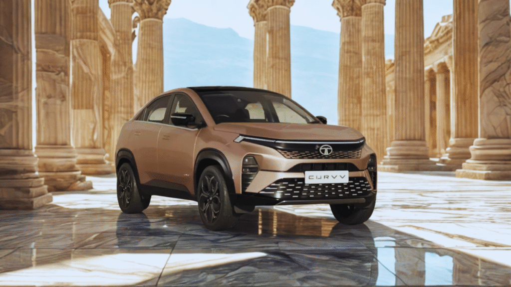 Tata Curvv showcased in a futuristic white showroom with ambient lighting and glossy floors, highlighting its sleek coupe-SUV design.