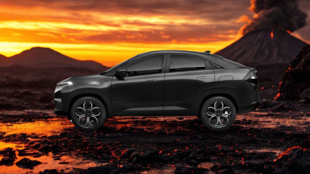Black Tata Curvv standing on a cracked volcanic landscape with glowing lava veins and a smoky red-orange sky, symbolizing strength, resilience, and futuristic dominance.