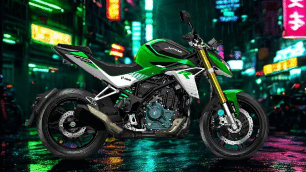 Green and white Hero Xtreme 250R streetfighter motorcycle showcased with blacked-out background and bold branding for high-performance appeal.