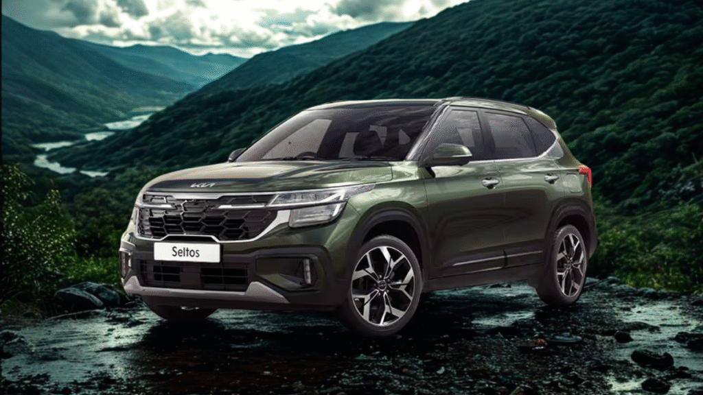 Kia Seltos positioned on a winding mountain road with forested hills and clear skies, showcasing its rugged performance and outdoor capability.