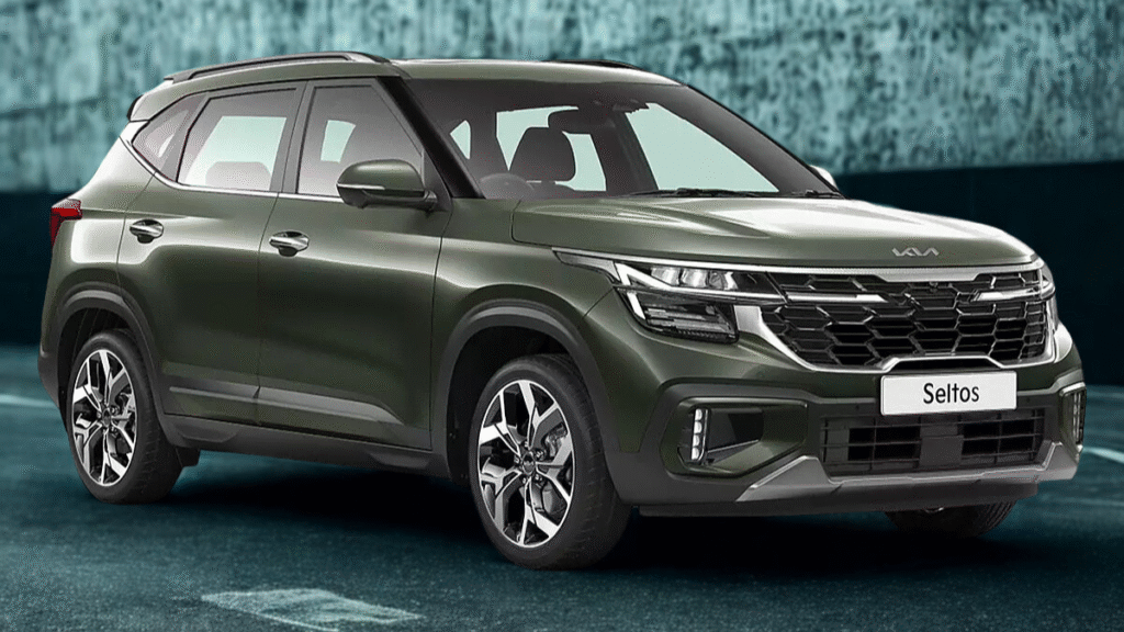 Kia Seltos set against a modern gradient background with deep blue and steel grey tones, reflecting a high-tech and minimalist aesthetic.