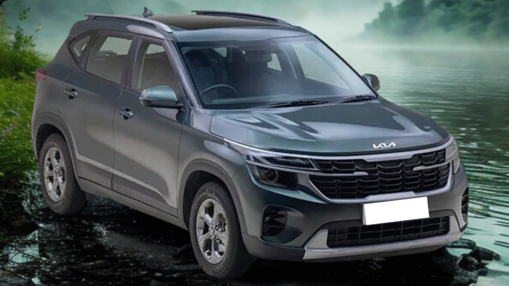 Kia Seltos parked beside a serene lake surrounded by greenery and mist, symbolizing eco-friendly travel and nature-driven adventure.