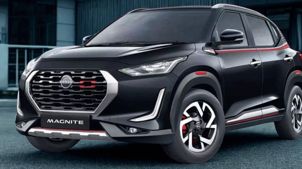Black Nissan Magnite CNG , highlighting its compact SUV features and urban agility.