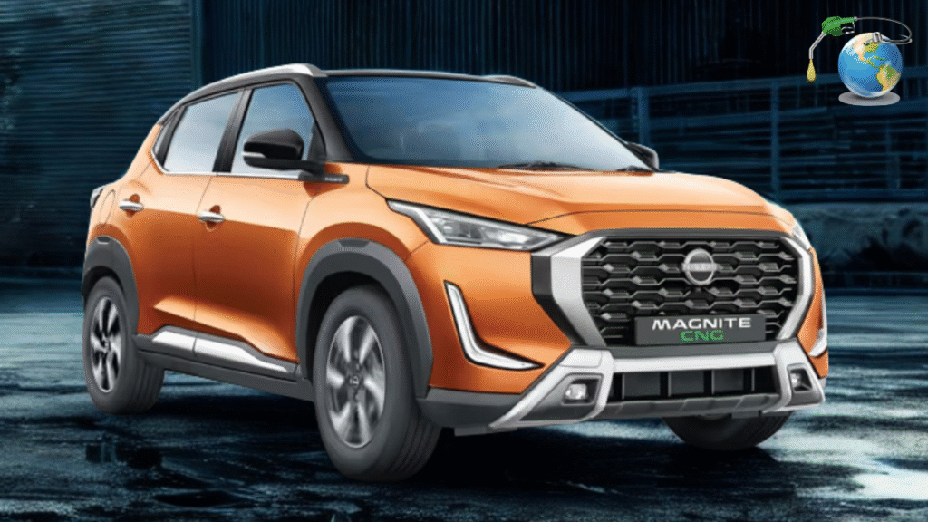 Nissan Magnite CNG with sunlight reflecting off its glossy finish, emphasizing fuel-efficient innovation.
