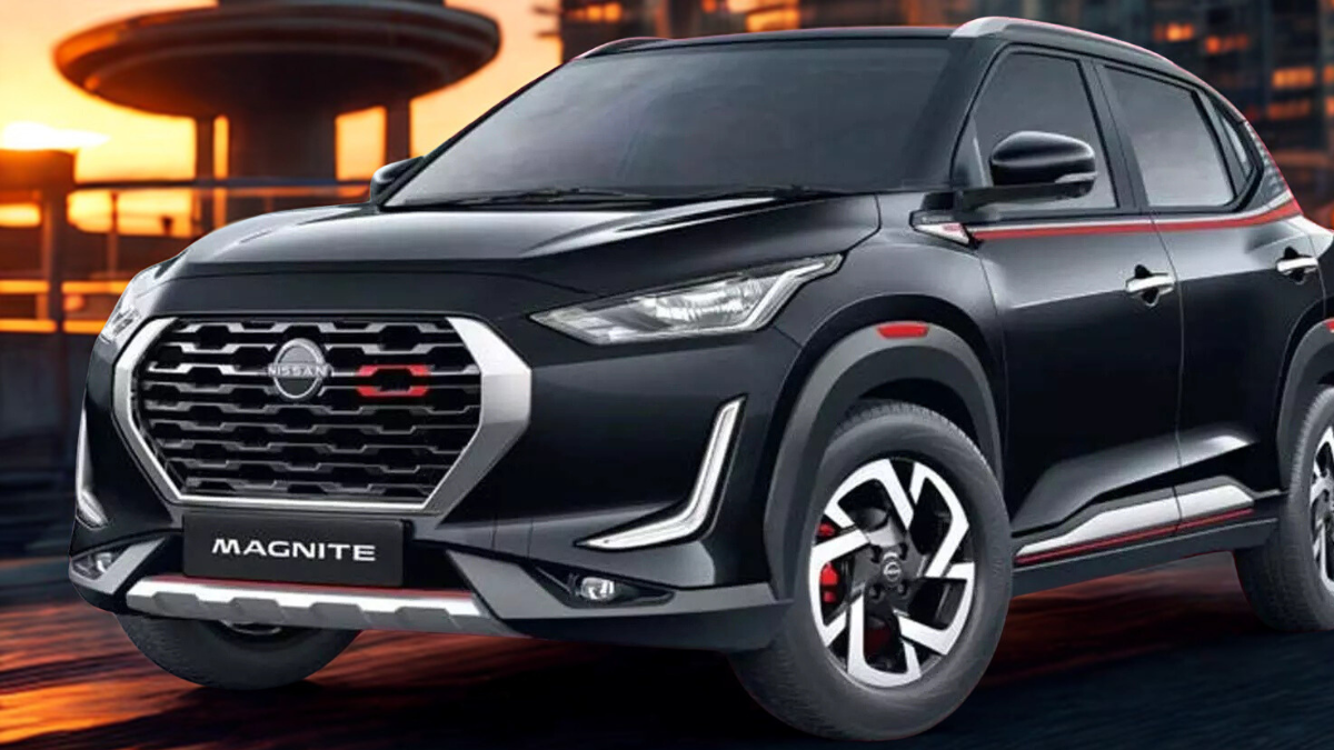 Black Nissan Magnite CNG with bold headlights, captured against a modern urban skyline backdrop.